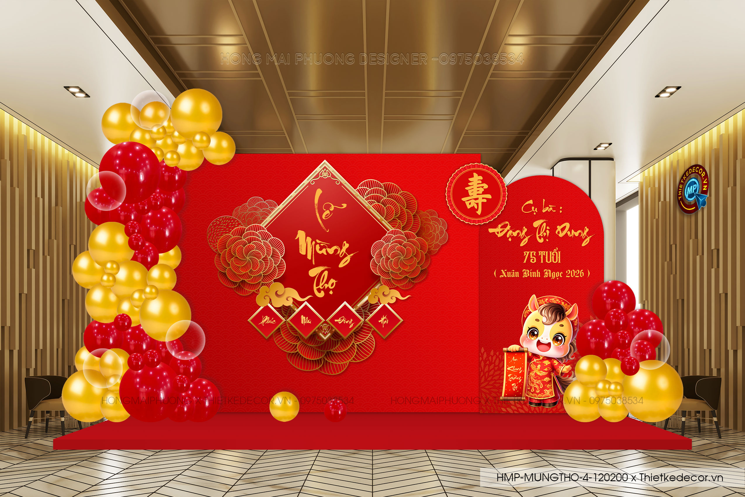 File thiết kế trang trí tiệc mừng thọ tone đỏ vàng sang trọng